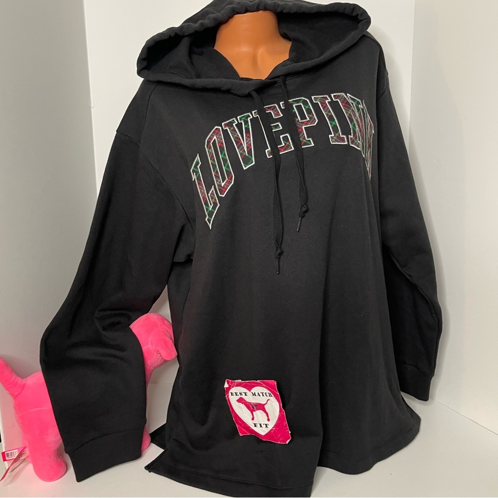 Victoria’s Secret PINK XL Logo Embroidery Hoodie Super Soft Plaid Black
